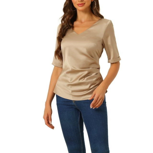 Blusa de satén INSPIRE CHIC para mujer, con cuello en V, manga corta, con fruncido y lazo en la parte posterior, tops casuales de oficina en color champán