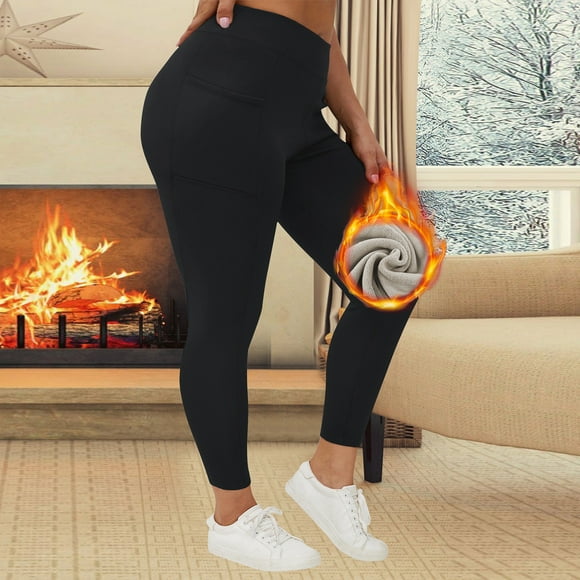VKOYWKM Yoga Leggings for Women Plus Size Warm Fleece Lined Leggings Slim Fit Elastic High Waisted Leggings Solid Color Workout Leggings with Pockets Size XXL Black