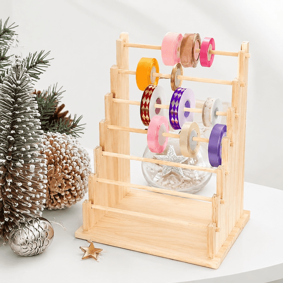 7 Tier Wooden Ribbon Storage Shelf – Large Capacity Organizer for Ribbon Rolls, Paper Tape, and Sewing Supplies for Craft Rooms or Cake Shops