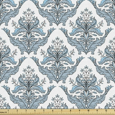 Winter Fabric by the Yard, Damask Inspired Classical Flowers Botanical Old Fashioned Foliage Motifs, Decorative Upholstery Fabric for Chairs & Home Accents, 5 Yards, Grey Pale Blue White by Ambesonne