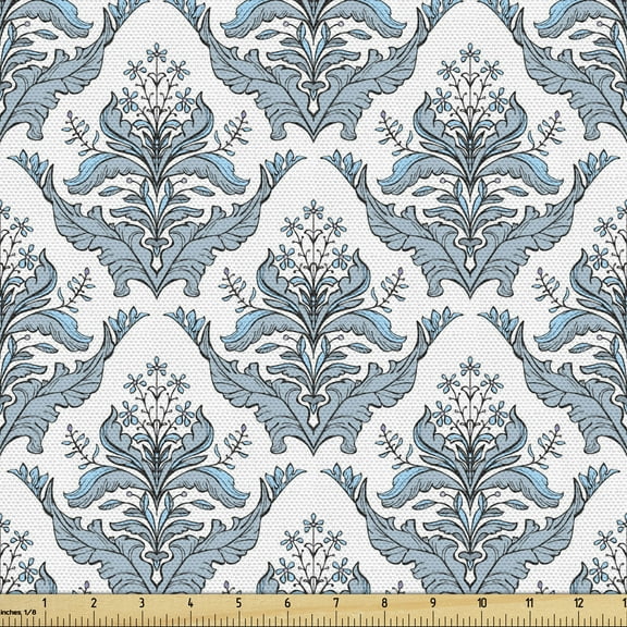 Winter Fabric by the Yard, Damask Inspired Classical Flowers Botanical Old Fashioned Foliage Motifs, Decorative Upholstery Fabric for Chairs & Home Accents, 5 Yards, Grey Pale Blue White by Ambesonne
