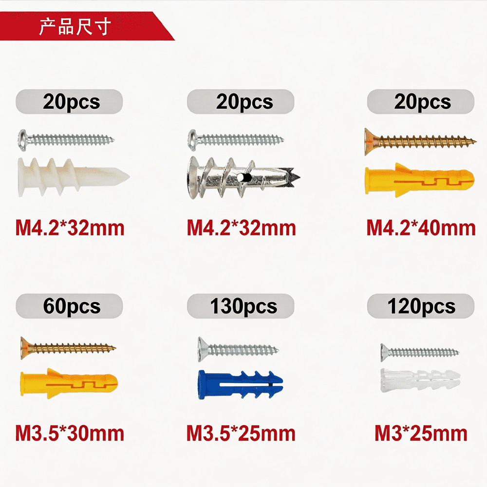 VKKM 370pcs Drywall Anchors and Screws assortment, Heavy Duty plastic Expansion variety pack, Mixed size for Hollow Wall