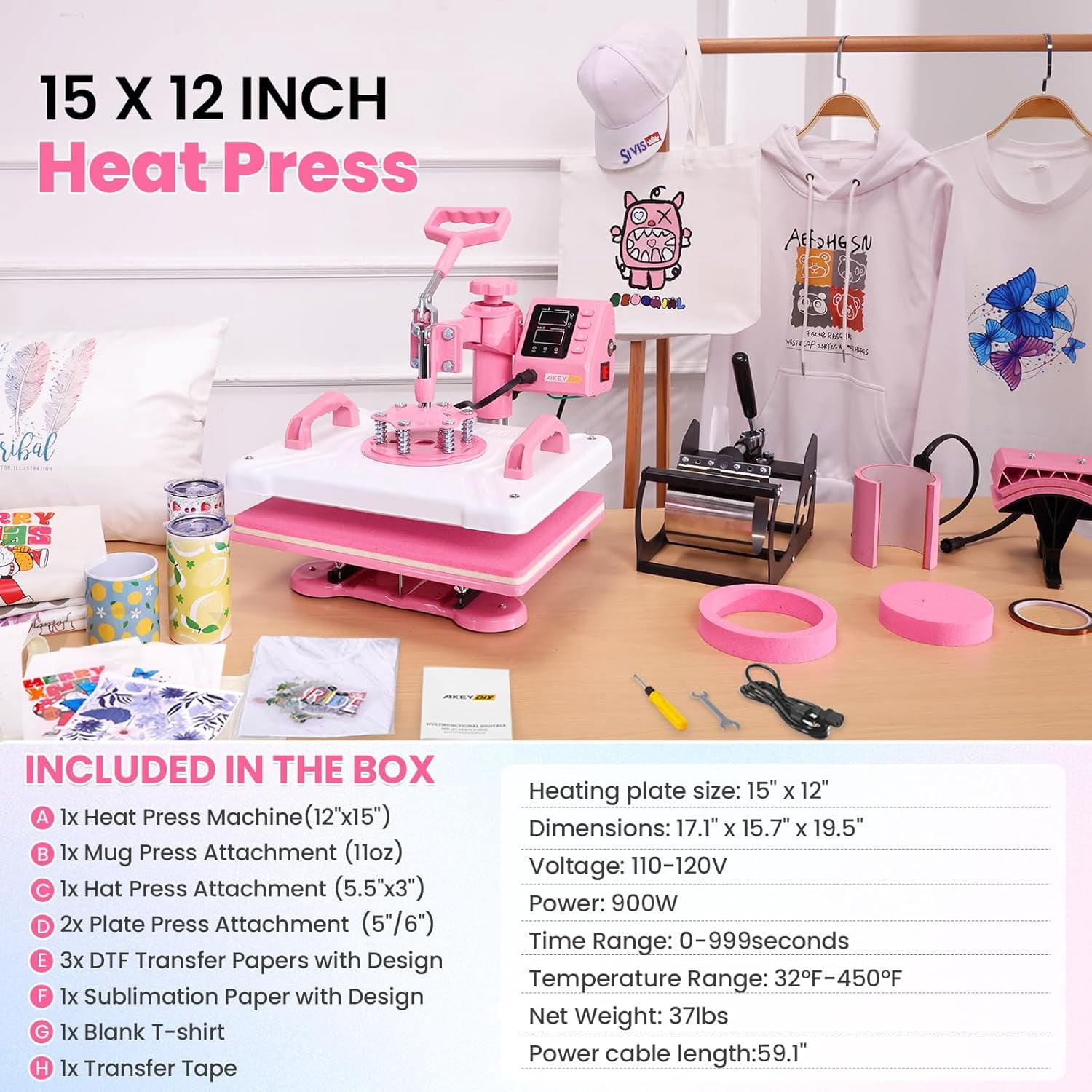 Adnoom 5 in 1 Heat Press Machine Combo,360°Swing Away Sublimation Heat Transfer 15"x12", Digital shirt Press Machine for Hat Cap Mug Plate,Pink