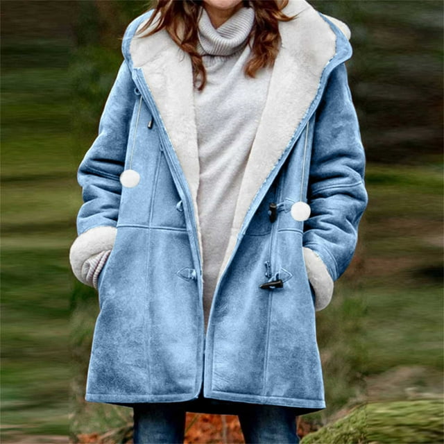 LOVZFMLL Jackets for Women Winter Plus Size Solid Plus Velvet Coat Long Sleeve Horn Buckle Pocket Overcoat