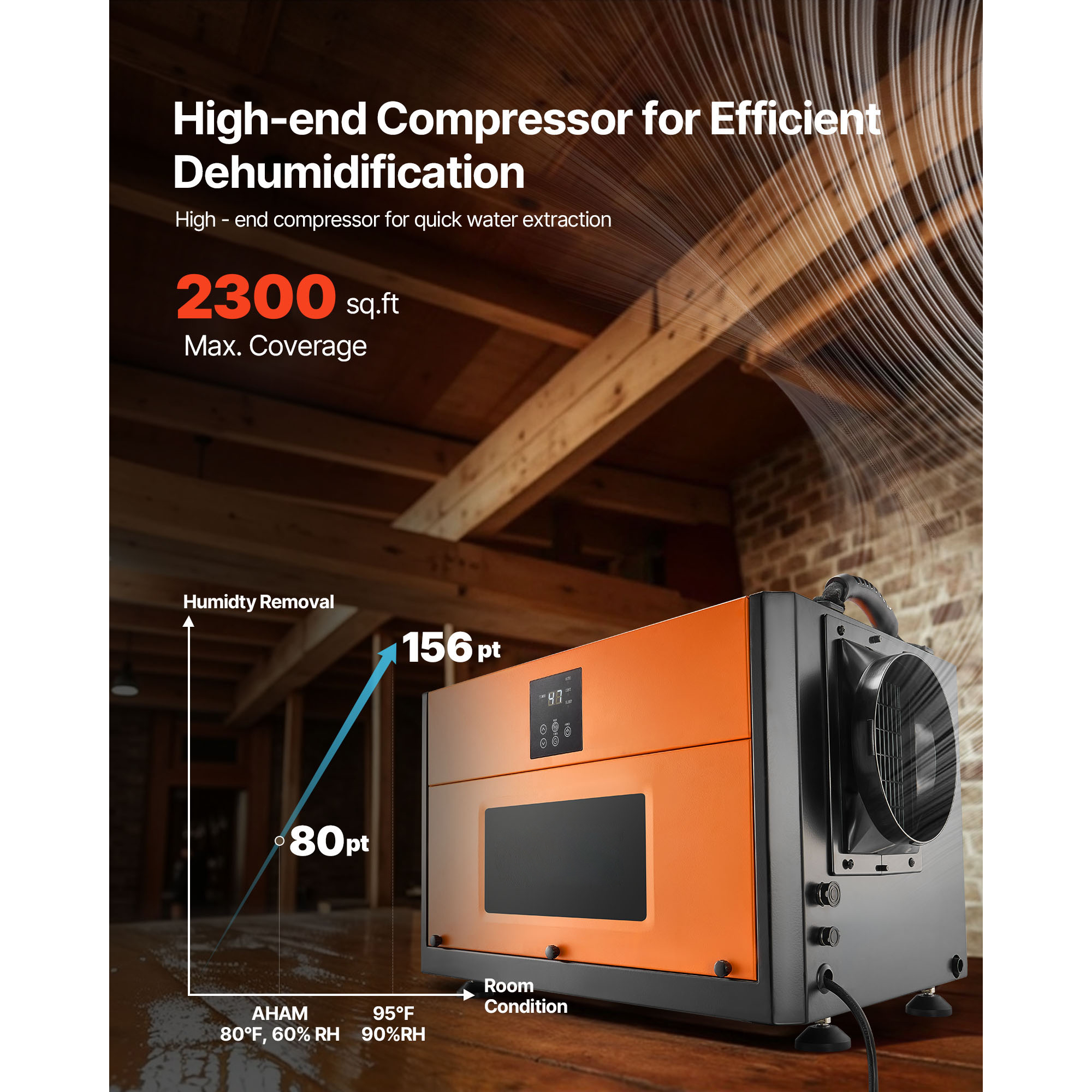 KFFKFF 156 Pints Commercial Dehumidifier with Drain Hose, Portable Industrial Dehumidifier for Basements and Storage Rooms, Auto Defrost and Continuous Drainage, Durable Steel Construction