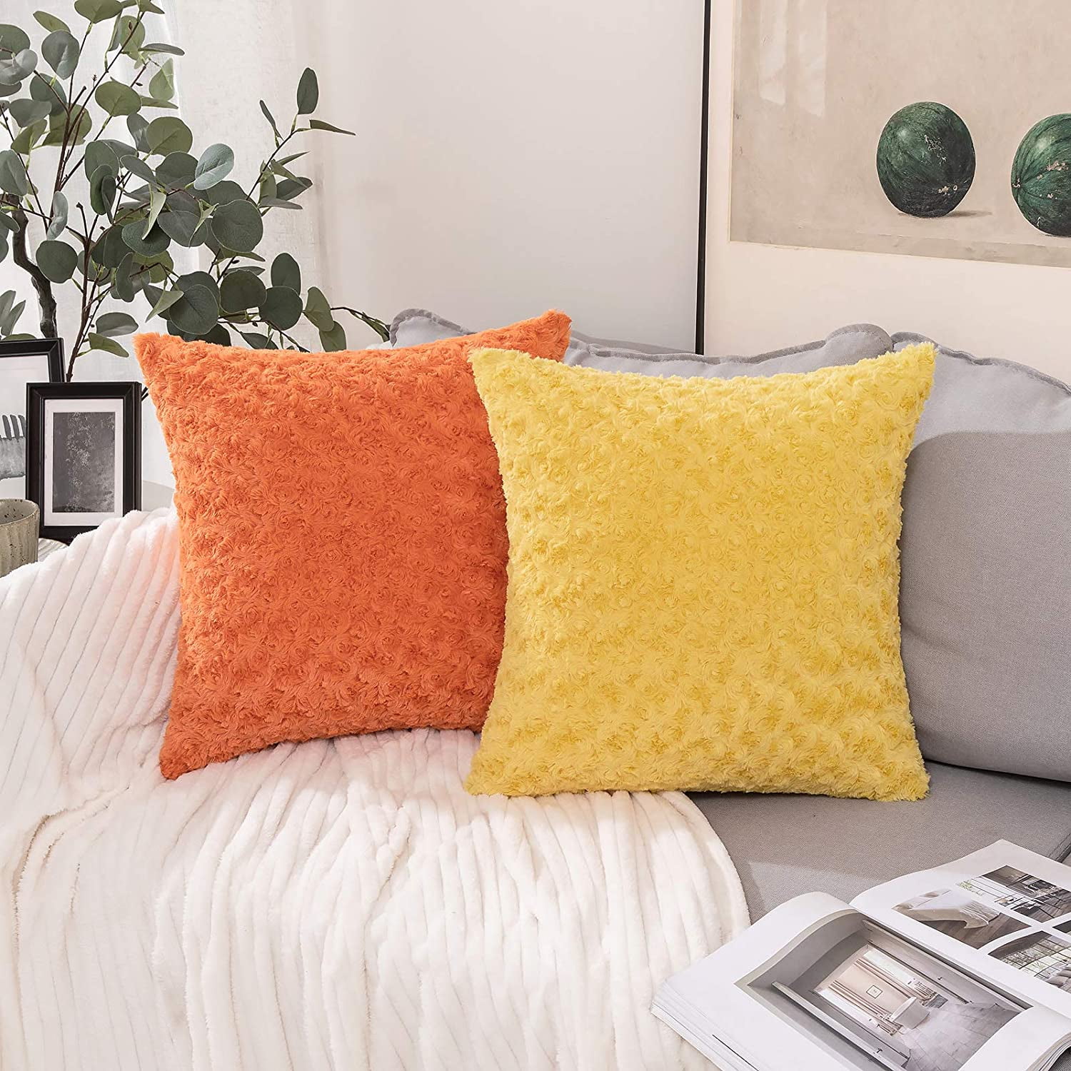 Iguohao Throw Pillow Covers Luxury Faux Fuzzy Fur Super Soft Cushion Pillow Case Decor White Cases For Couch Sofa Bedroom Decoration 24 X 24 Inch 60 X