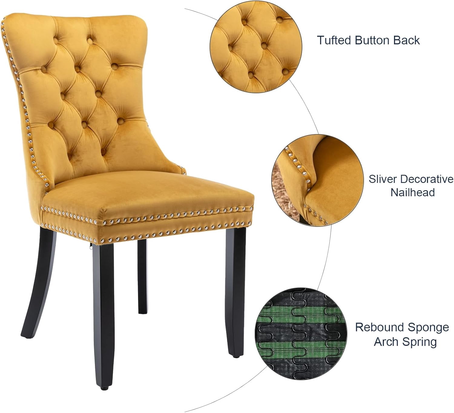 MOONMISS Dining Chairs 2-Pcs Set, High-end Velvet Upholstered Accent Chairs Button Tufted Dining Chairs with Back Ring Pull and Nailhead Trim,Yellow