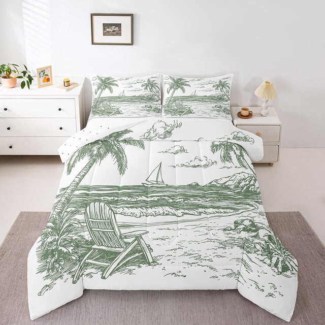 Erosebridal Palm Tree Comforter Sets Queen Size,Ocean Beach Bedding Queen Comforter Set,Botanical Decoration,Reversible,Ultra Soft,3-Piece