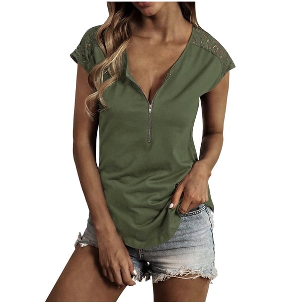Blusa superior sexy de manga corta con retazos de encaje con cuello en V de verano para mujer Fridja bn4135