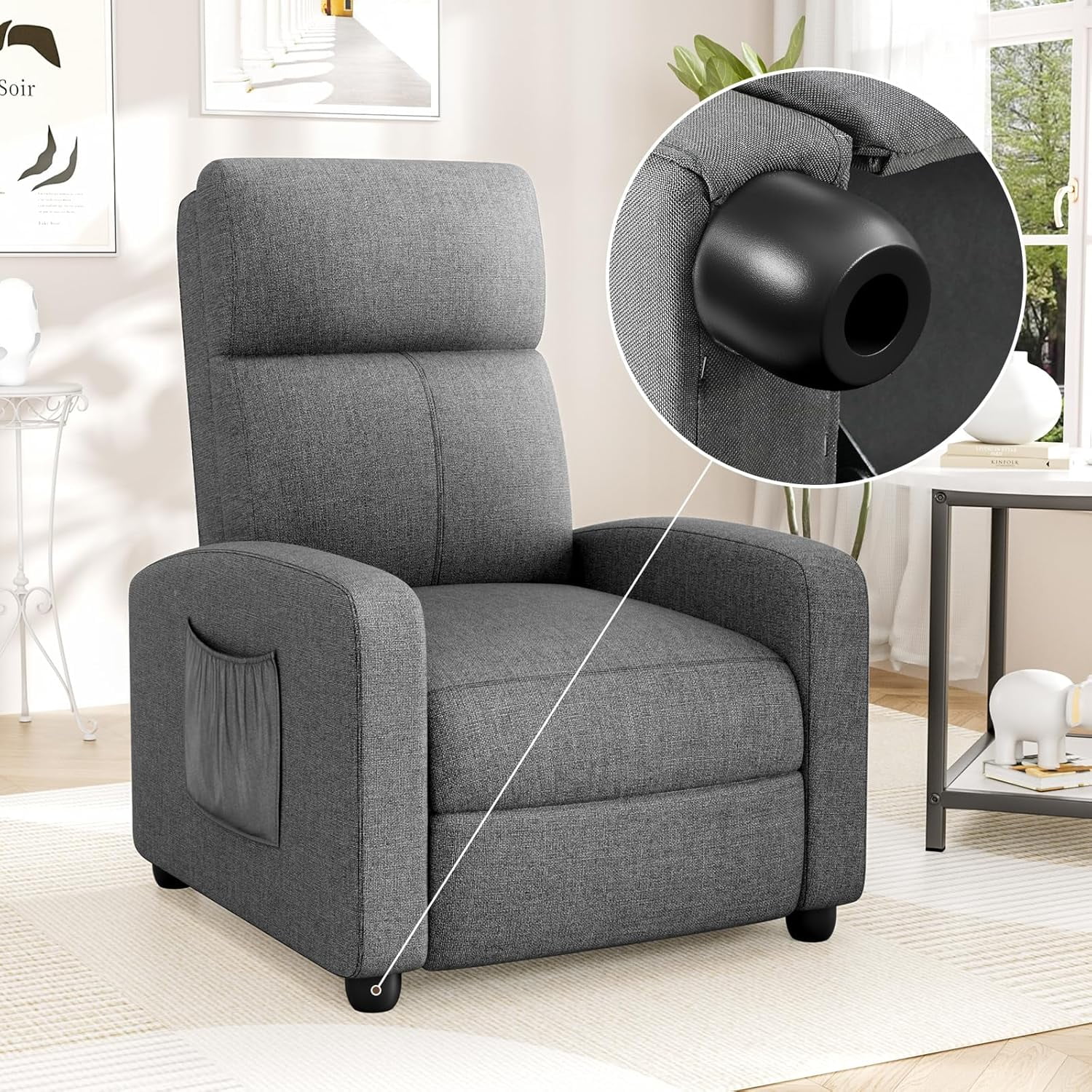 TLSUNNY Recliner Chair with Side Pocket, Adjustable Backrest & Footrest Linen Fabric Sofa, for Living Room,Home Theater
