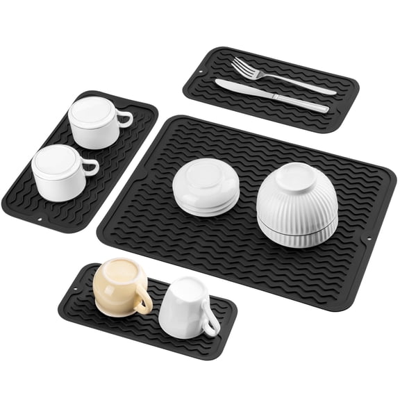 Lonian Dish Drying Mats, Coffee Bar Silicone Mat Set,  Black, Pack of 4(1 Large and 3 Small)