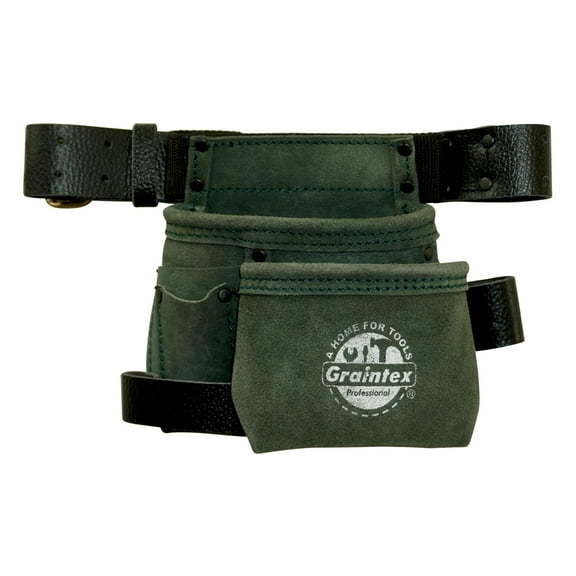 Graintex SS2484 4 Pocket Children Tool Pouch Hunter Green Color Suede Leather with Leather Belt and Hammer Loop