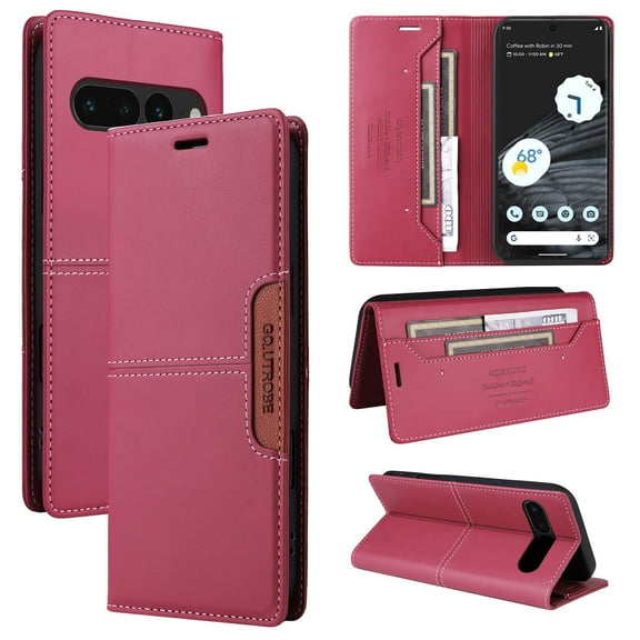 For Google Pixel 7 Pro Flip Wallet Case,[RFID Blocking]PU Leather Magnetic Folio Cover,With Card Slots,Flip Folding Kickstand,Shockproof TPU Anti-fall Rugged Phone Case Cover,Red