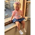 thumbnail image 6 of Loicainy Baby Toddler Girl Summer Outfit 3 6 9 12 18 Months Crochet Floral Short Sleeve Romper Faux Denim Ruffle Shorts Matching Bow Headband, 6 of 9