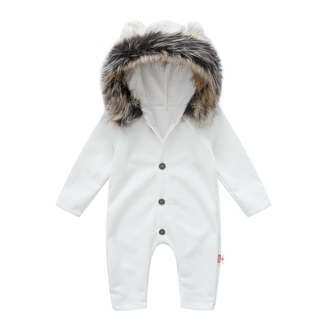 Body De Bebé Canastilla Onesies Para Niño Pequeño Niña Color Sólido De Manga Larga Con Capucha Cuello De Felpa Mono Mameluco Blanco Odeerbi LM103-9974