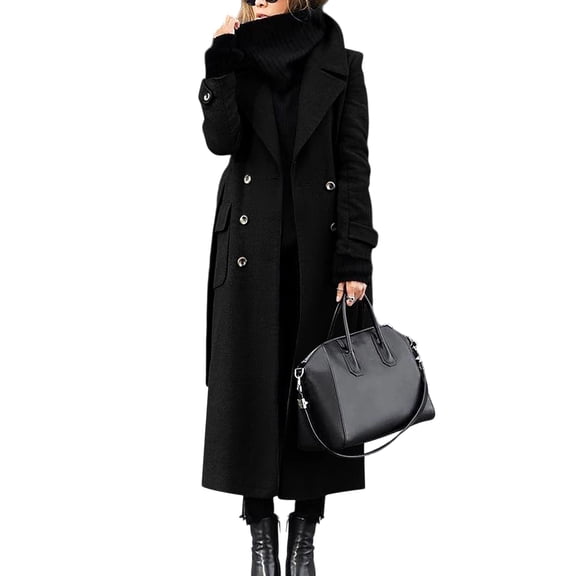 Wutalume Women's Solid Color Winter Thickened Wool Blend Long Coat with Lining, Elegant and Warm, Oversized Fit, Ideal for Formal and Casual Occasions in Cold Seasons,Black L