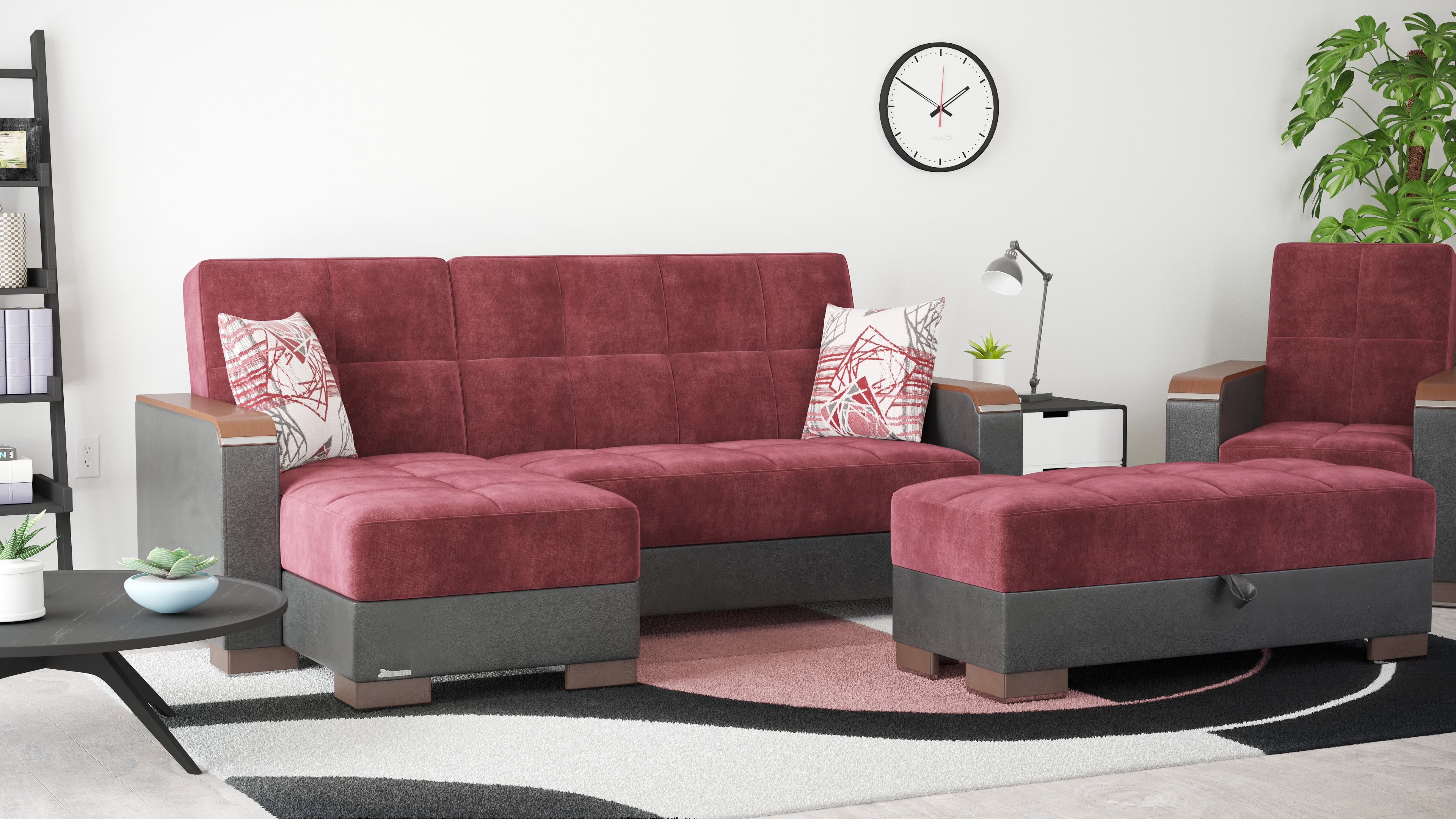 Ottomanson Origins X Modern Convertible L-Shaped Sectional Sofa, Burgundy Color Microfiber
