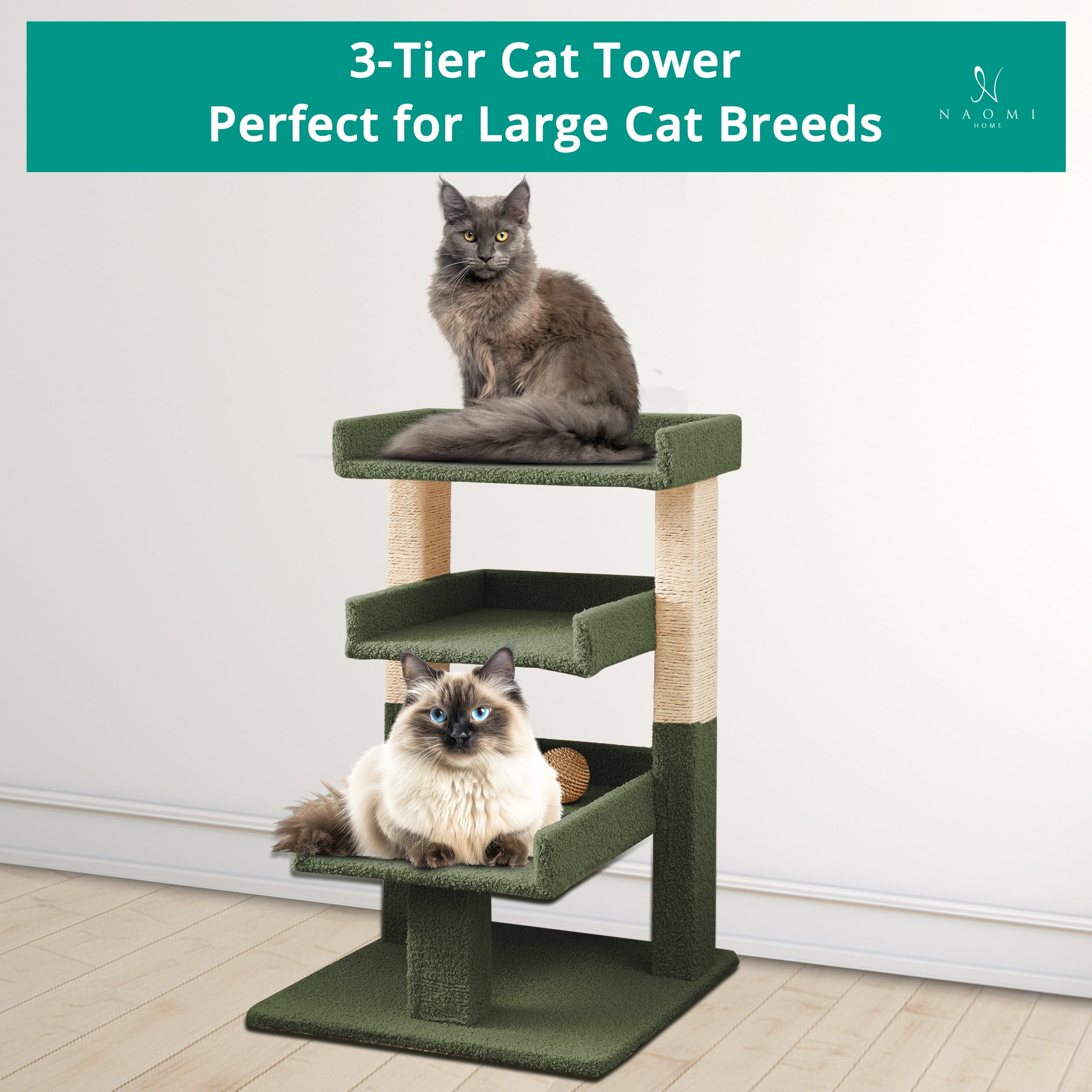 Nala 3-Tier Cat Tree Tower for Indoor Cats – Large Cat Tower & Cat Condo for Large Cats | Cat Tree House & Cat Castle for Multi-Cat Homes -Color: Green