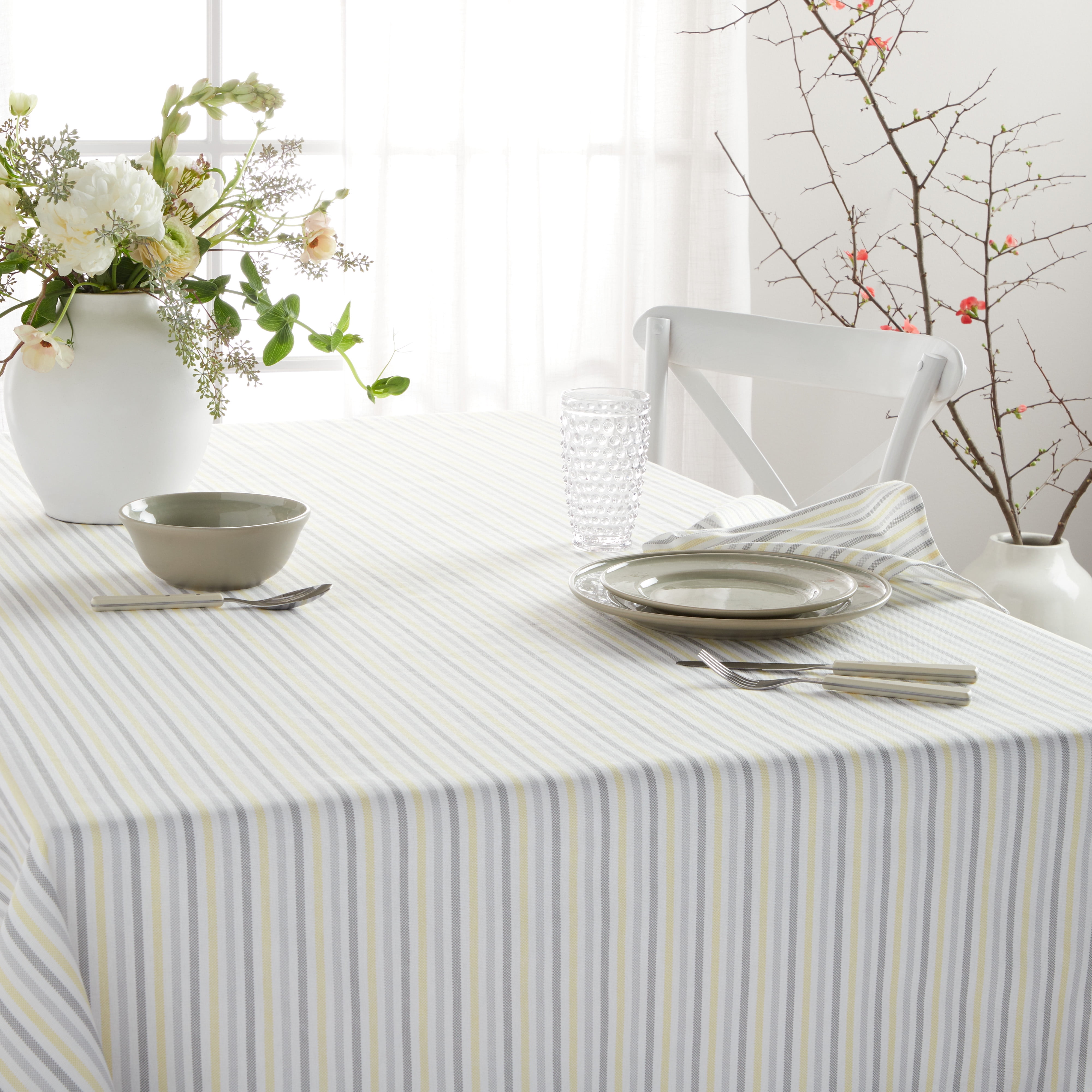 Martha Stewart Daisy Stripe Fabric Tablecloth Single Pack, Grey/Yellow, 60"x84"