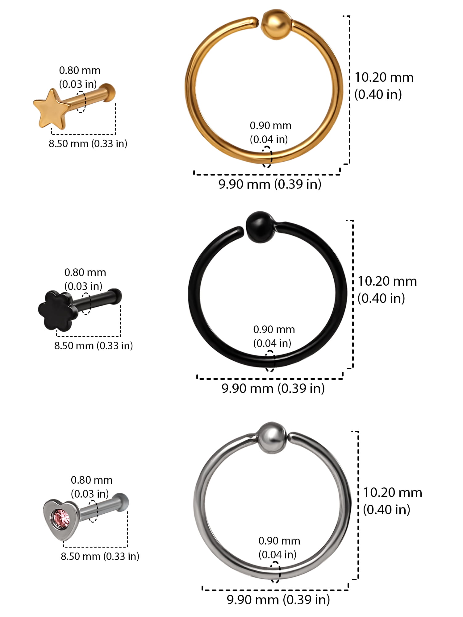 Body Jewelry Women's Stainless Steel 316L 20G Nose and Hoop Set, 6 Pack