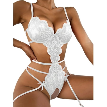 

Avamo Women Bodysuit Lace Babydoll Deep V Lingerie Bow Nightwear Backless Sleeping Sleepwear White L