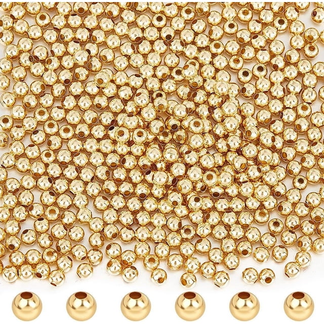 1 caja de 500 cuentas redondas chapadas en oro de 24 quilates, 4 mm, de acero inoxidable, lisas y sueltas, para manualidades, pulseras, collares, joyas, suministros para hacer bricolaje.