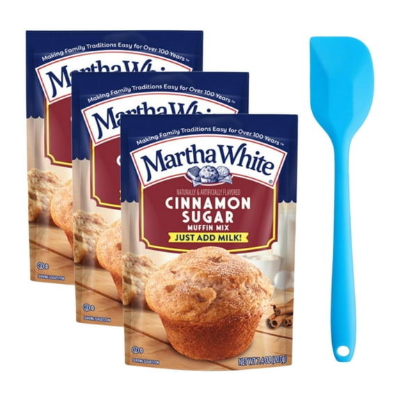 Martha White Cinnamon Sugar Muffin Mix 7.4 oz (3 pack) and 8in Silicone Spatula (Color Varies)