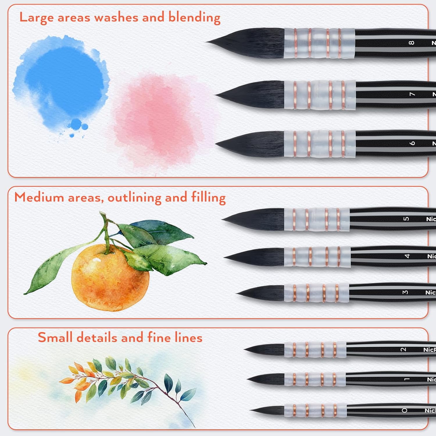 9 PCS Watercolor Brushes, Professional Synthetic Squirrel Hair Water Color Paint Brush Set with Canvas Roll, Absorptive Mop Paintbrushes Artist Supplies for Watercolor, Gouache, Inks Painting