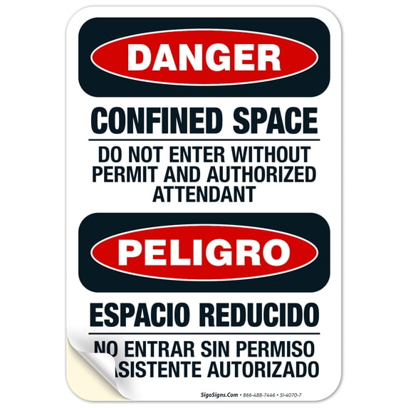 Confined Space Do Not Enter Without Permit Bilingual Sign, OSHA Danger Sign, 10x7 Vinyl Sticker