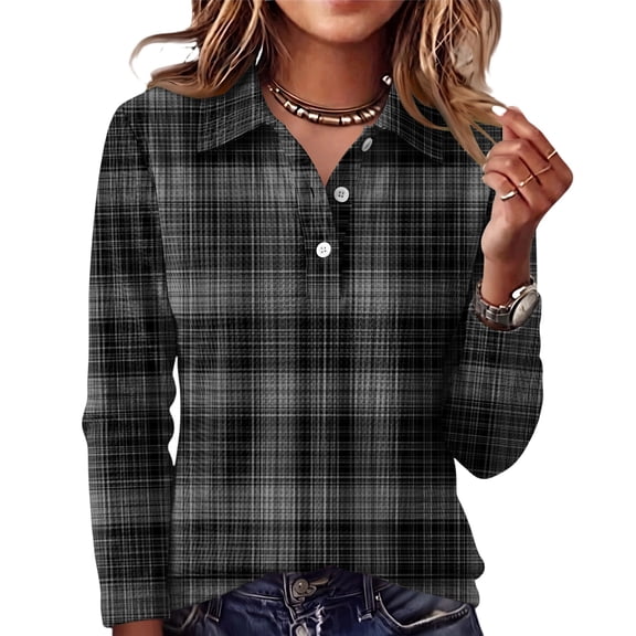 Hearthz Plaid Waffle Knit Polo Shirt for Women Gingham Print Womens Henley Shirt Button V‑neck Long Sleeve Shirts Women Relaxed Fit Office Daily Oversized Tshirts for Women