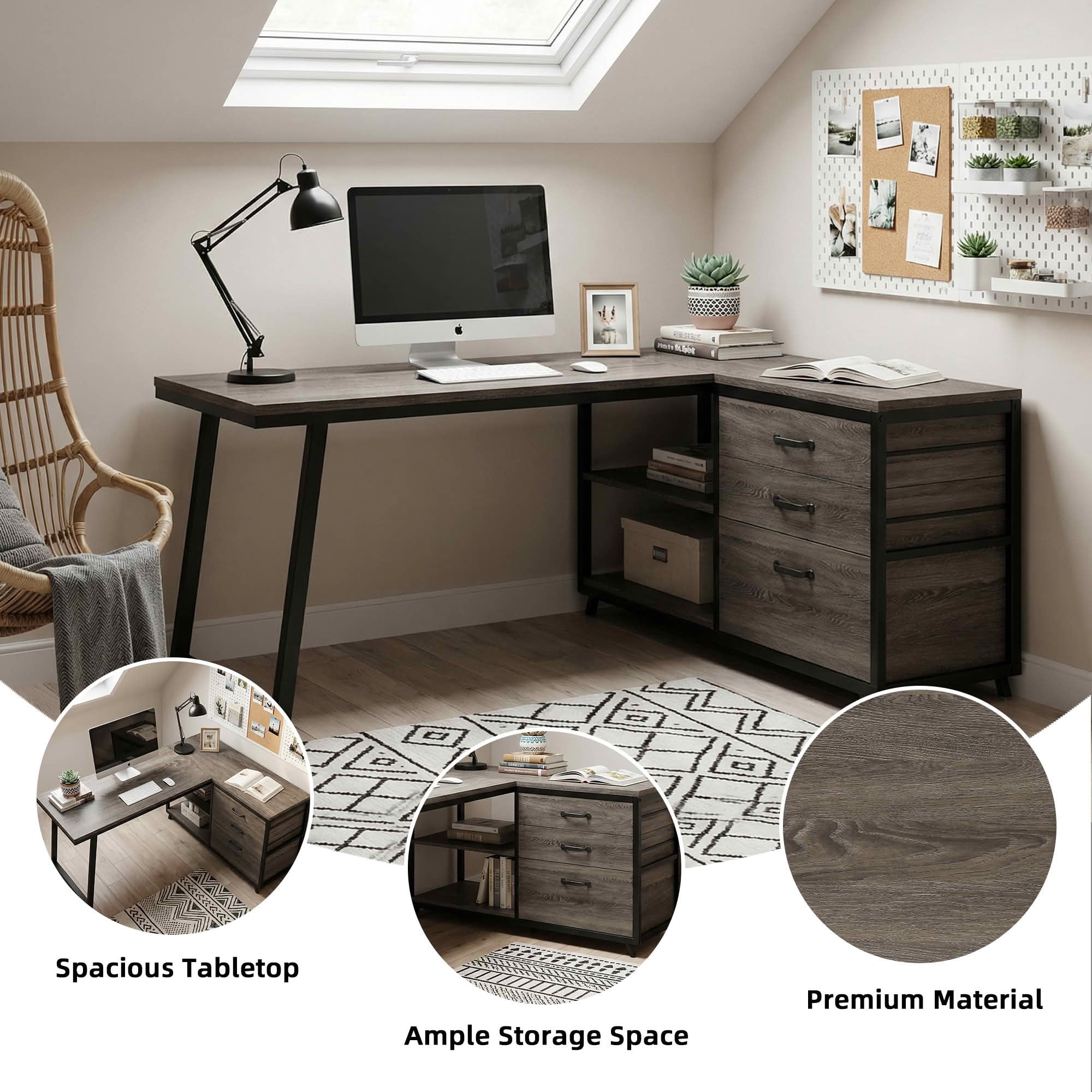 MAYEERTY Reversible L-Shaped Desk with 3 Drawers & Open Shelves, 53" Home Office Computer Desk
