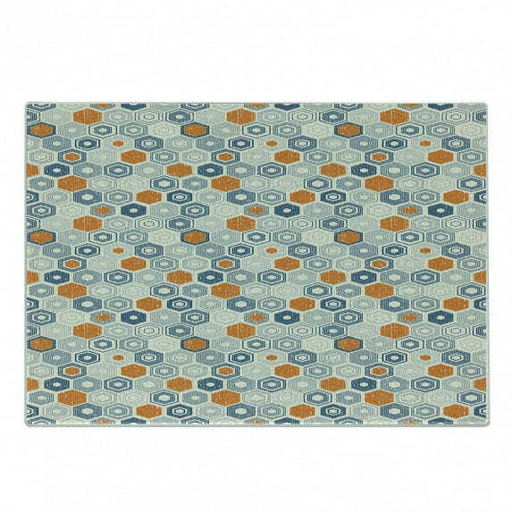 Grunge Cutting Board, Bullseye Hexagon Pattern with Worn out Backdrop Design with Pale Tones, Decorative Tempered Glass Cutting and Serving Board, Small Size, Navy Blue Orange Beige, by Ambesonne