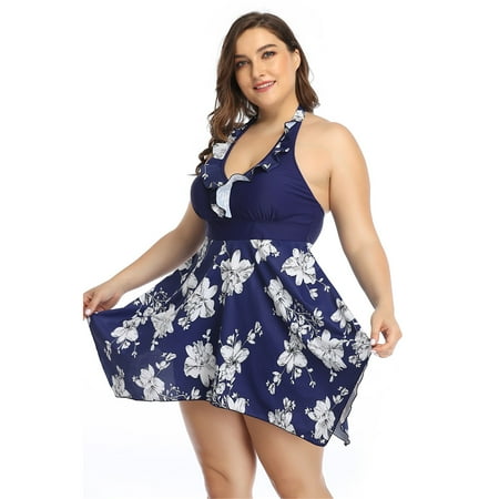 

Sexy Dance Plus Size Women Swimsuit Two Piece Swimdress With Swim Briefs Bottoms Ladies Tummy Control Swimwear Floral V Neck Beachwear Backless Swimming Push Up Bra Padded Bathing Suit