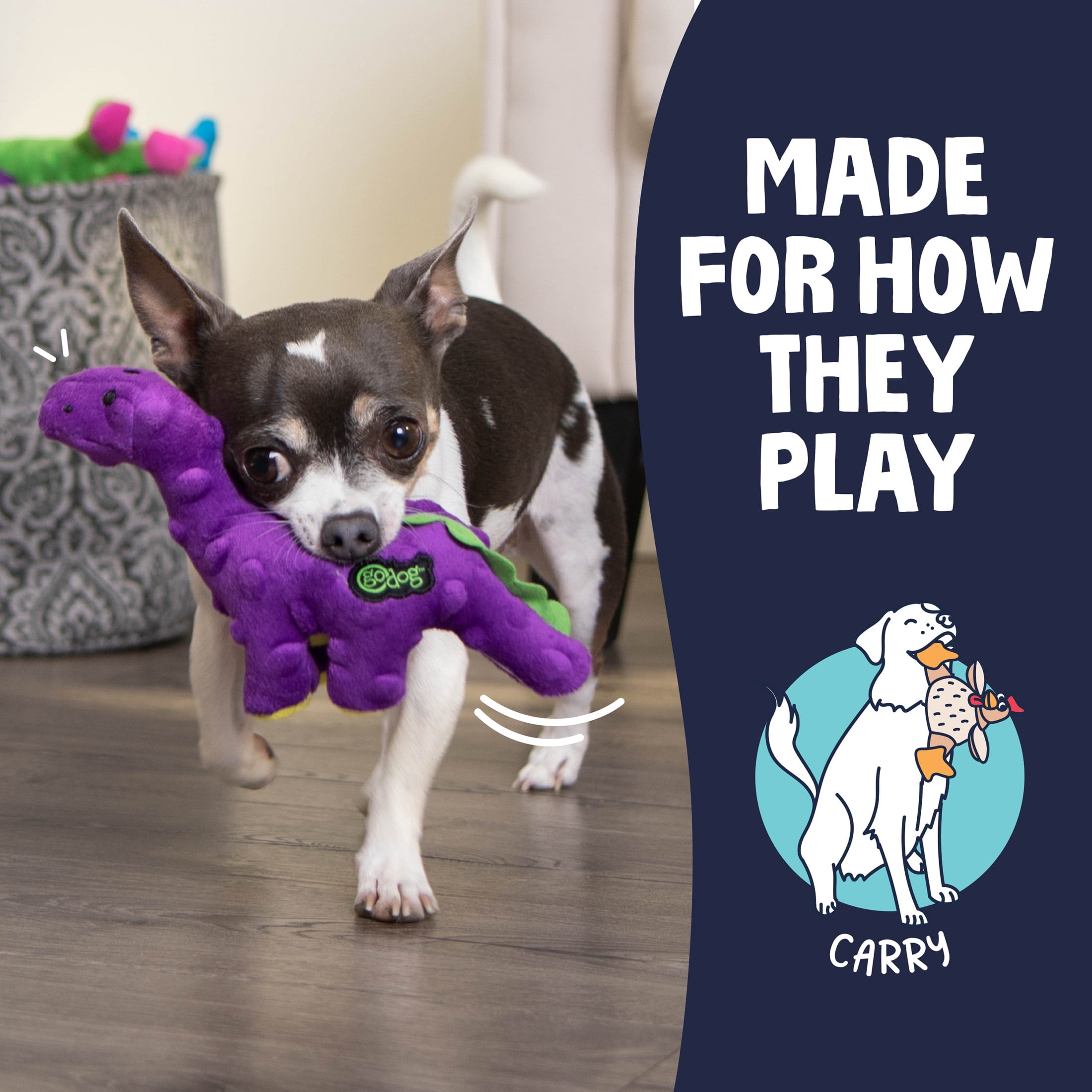 goDog Dinos Bruto Just For Me Squeaky Plush Dog Toy, Chew Guard Technology, Purple, Mini