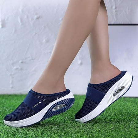 

YOTAMI Women s Wedge Slippers New Style Daily Casual Baotou Mesh Round Head Sandals Dark Blue 10-10.5