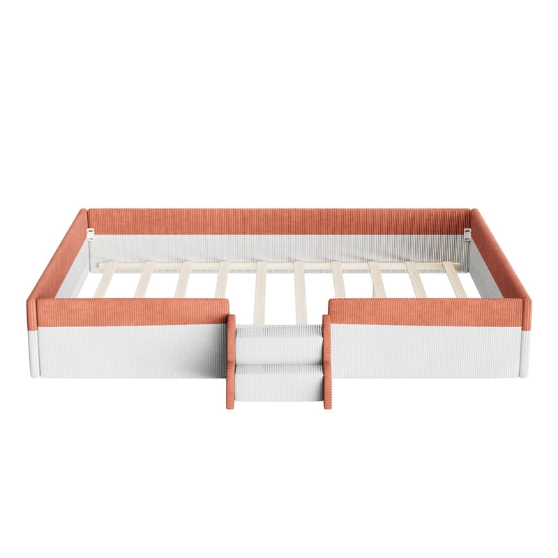 Queen Size Upholstered Floor Bed with Fence, Corduroy Montessori Bed Toddler Bed with 2-Tier Steps and Smart LED Lights, Low Profile Platform Bed for Kids