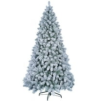 7ft Flocked Christmas Tree, Pre-Lit Artificial Pine Tree 320 Warm White & Multi-Color Incandescent Lights, Full Snow Flocked White Xmas Tree, Foldable Metal Stand, 930 Branch Tips