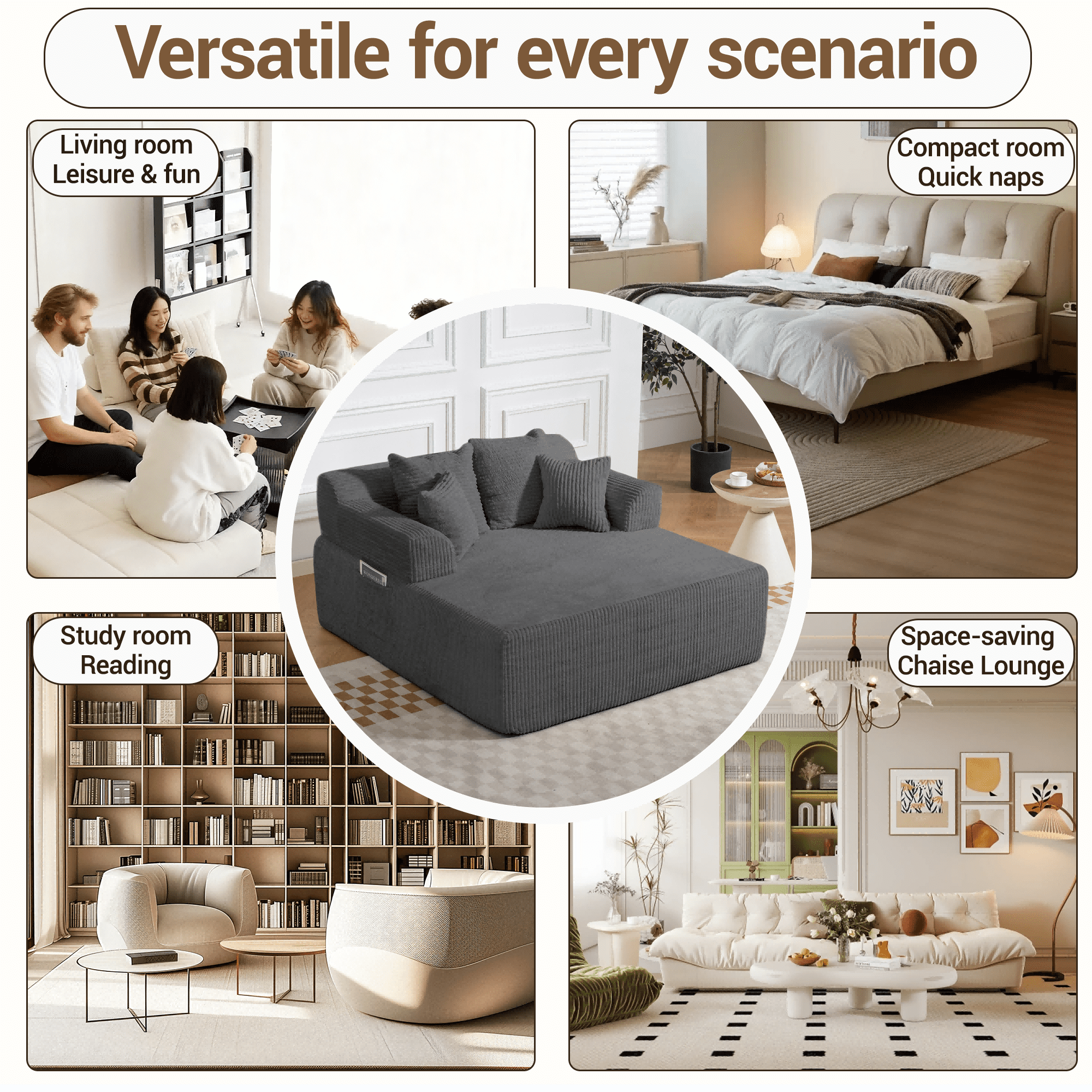 WENTUM 58" Chaise Lounge Chair Indoor, Oversized Corduroy Boneless Sleeper Sofa Bed with Armrests & 4 Pillows No Assembly for Living Room Gray