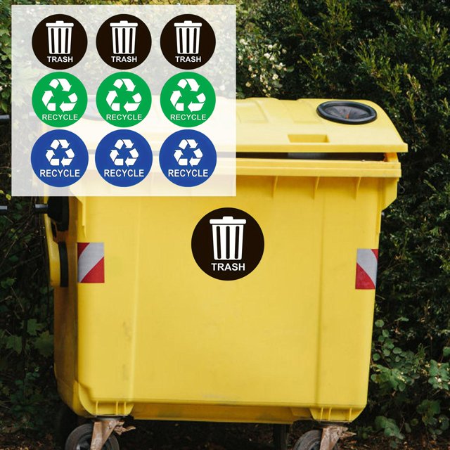 9 pegatinas de reciclaje para botes de basura. Pegatinas de reciclaje para contenedores de basura. Calcomanías de 5 pulgadas para eventos comerciales.