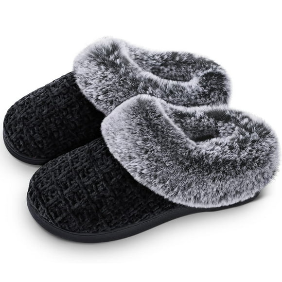 DL Women's House Slippers with Fuzzy Plush Faux Fur Collar, Memory Foam Slip on House Shoes with Indoor Outdoor Anti-Skid Rubber Sole, Black, 7-8