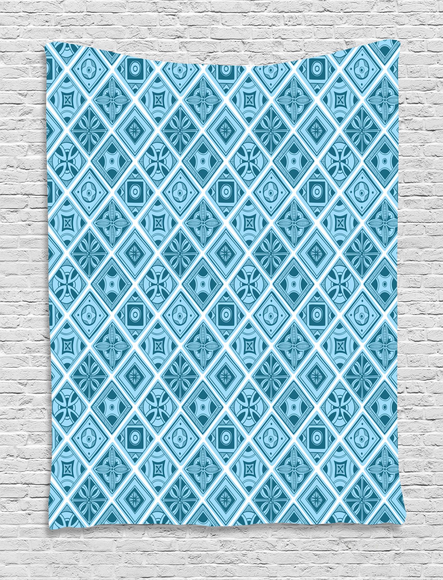 Blue and White Tapestry, Lisboa Azulejos Style Diamond Shape Mosaic Tile Pattern, Wall Hanging
