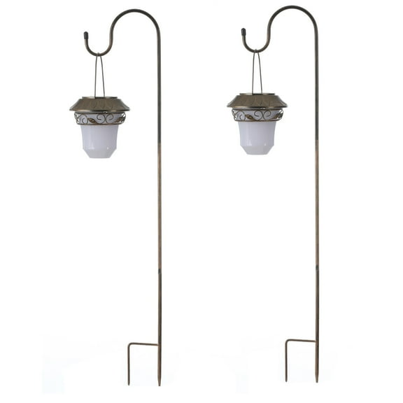 LuxenHome 2-Pack Leaf Solar Plastic Lanterns with Metal Shepherd Hooks