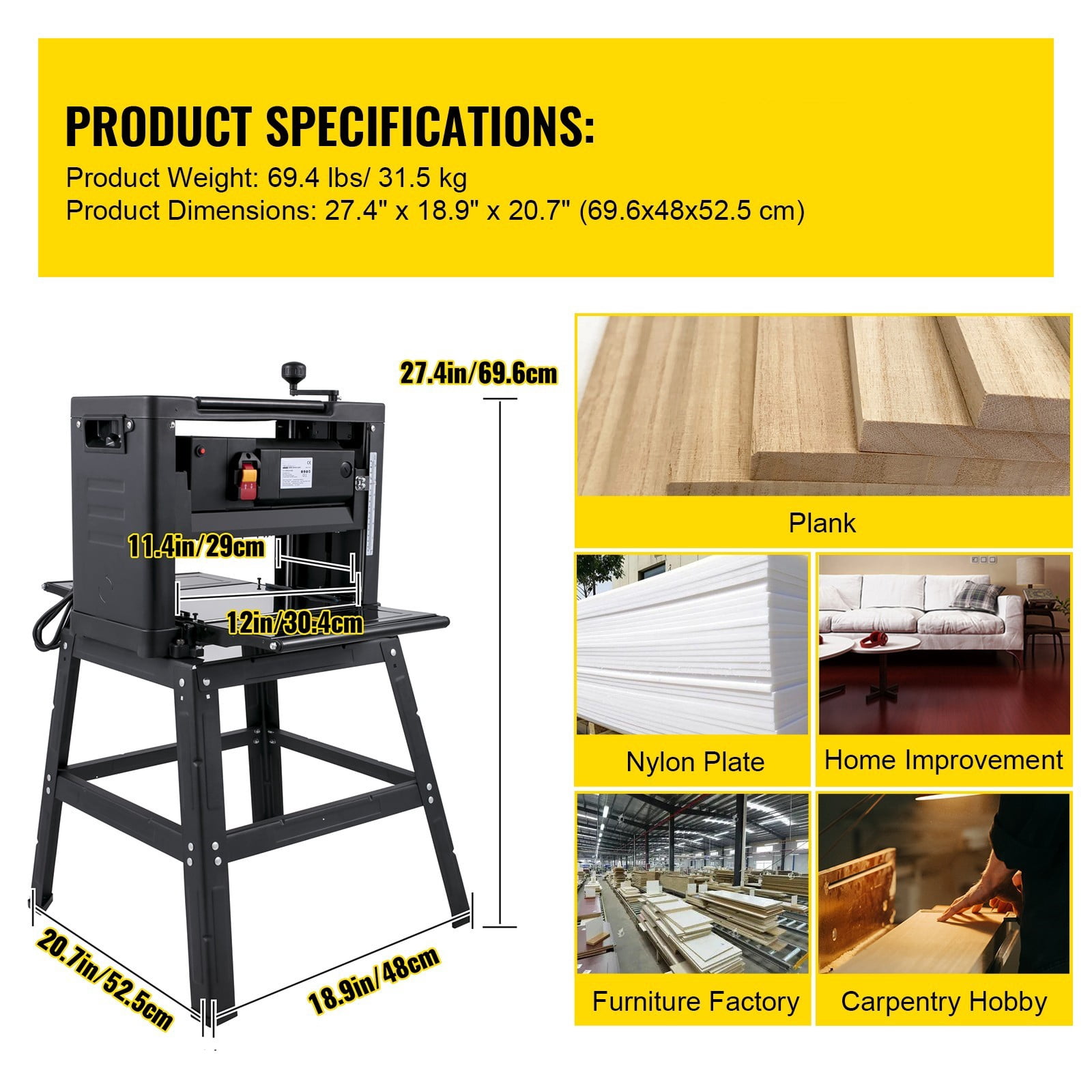 BENTISM Thickness Planer Wood Planer 12" Woodworking Planer w/ Stand Dust Exhaust