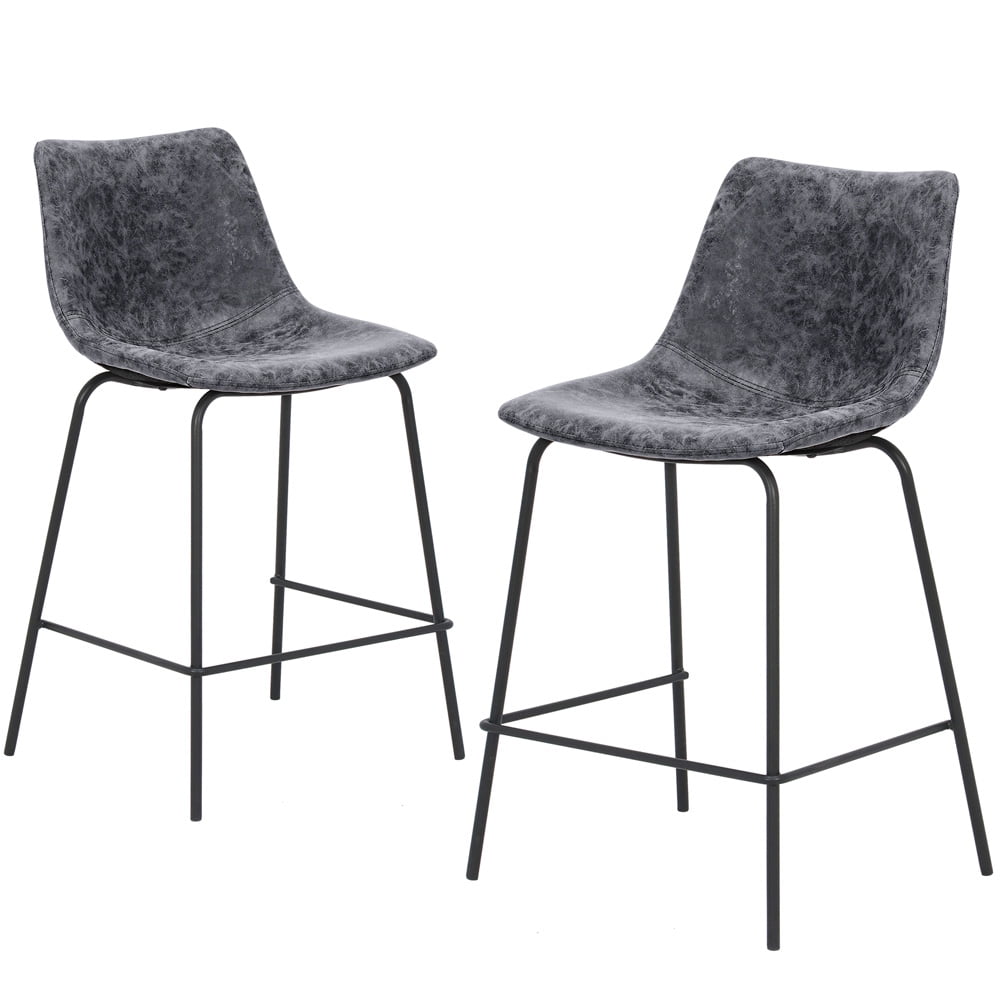 Abble 24 inch Bar Stools Set of 2, Faux Leather Bar Chair Upholstered Low Back Kitchen Counter Height Stools with Sled Base, Floor-Scratch Protection, Charcoal Gray
