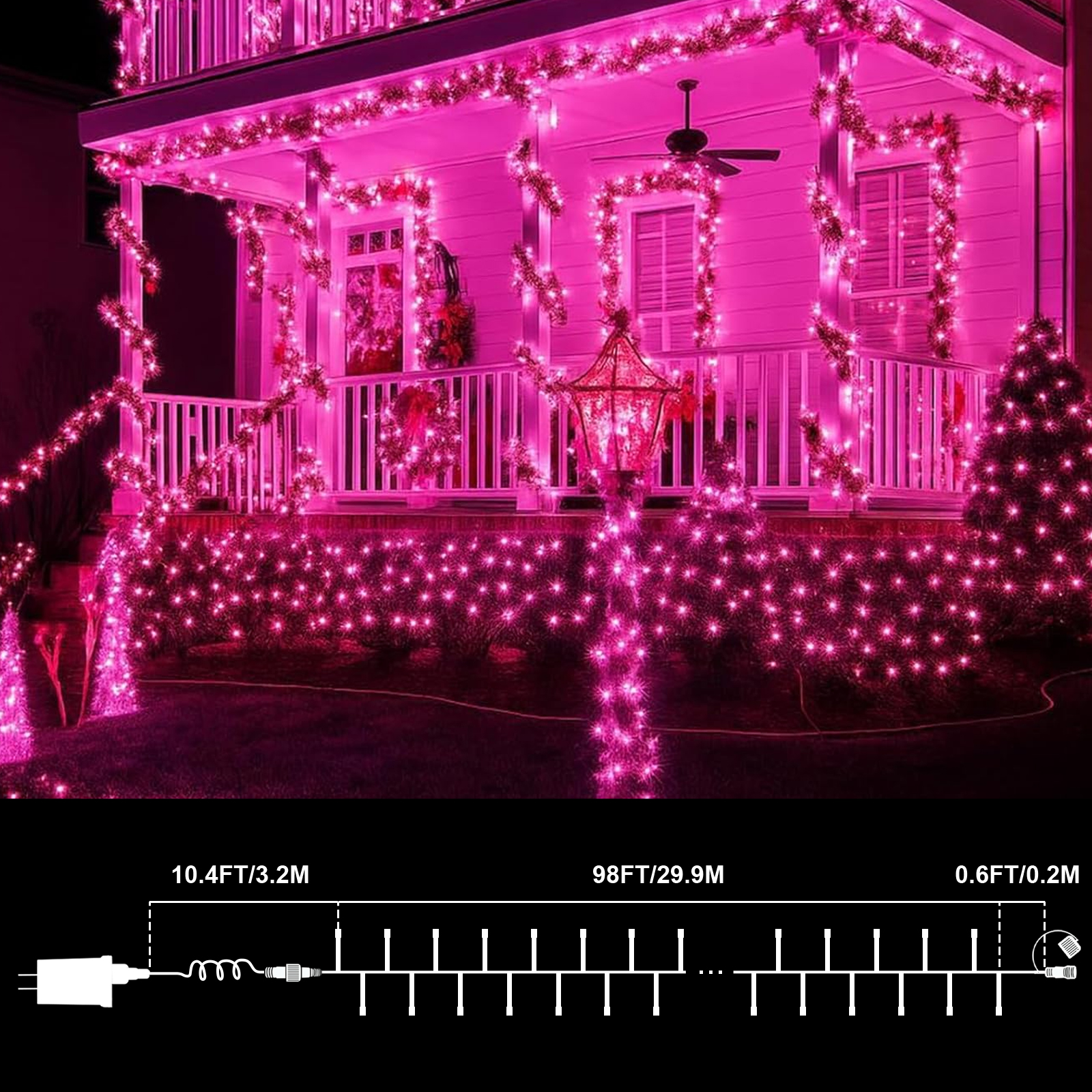99FT 300 LED String Lights, Pink Fairy Lights Plug in, 16 Modes Transparent Pink Wire, 29V Low Voltage for Indoor Outdoor Christmas Wedding Party Decoration