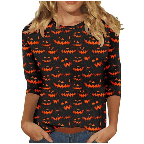 Uootdi Halloween Shirts for Women Trendy Fall Fashion Women 3/4 Sleeve Tops Funny Cute Gifts for Her Graphic Tee Tops Casual Loose Tunic Bl