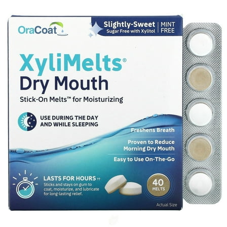 OraCoat XyliMelts Dry mouth Stick-On Melts, Mint And Sugar Free 24-Hour, 40 Ct (2 pack)