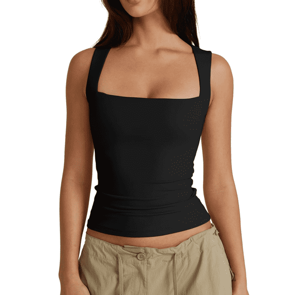 SOMER Women’s Tank Top Square Neck Sleeveless Double-Layer Fitted Basic Top Casual Summer Tank Tops Black