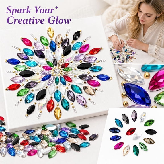 50Pcs Marquise Flat Back Rhinestones, 0.28x0.59in Mixed Color Crystal Gemstones for Mandala Painting, Diamond Art Refill Pack, Resin Craft & DIY Decoration Supplies