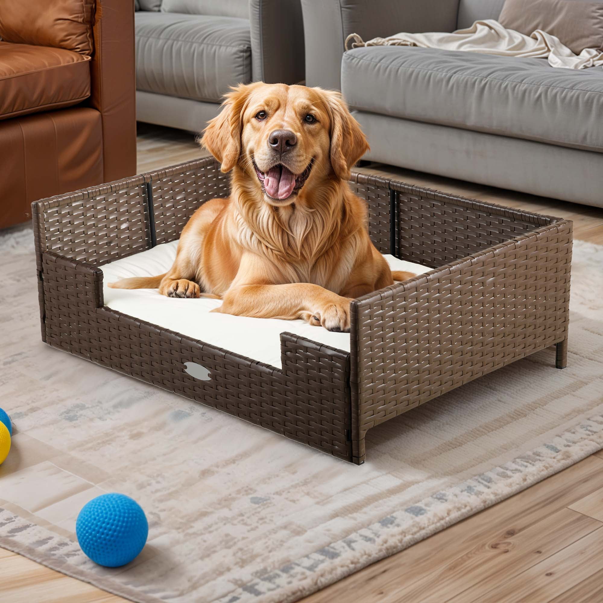 Uforic Rattan Dog Sofa Bed with Beige Cushion,Wicker Pet Bed Sofa Indoor Outdoor,All-weather Protection, Brown&Beige,34.6"L x 23.6"W x 11.8"H